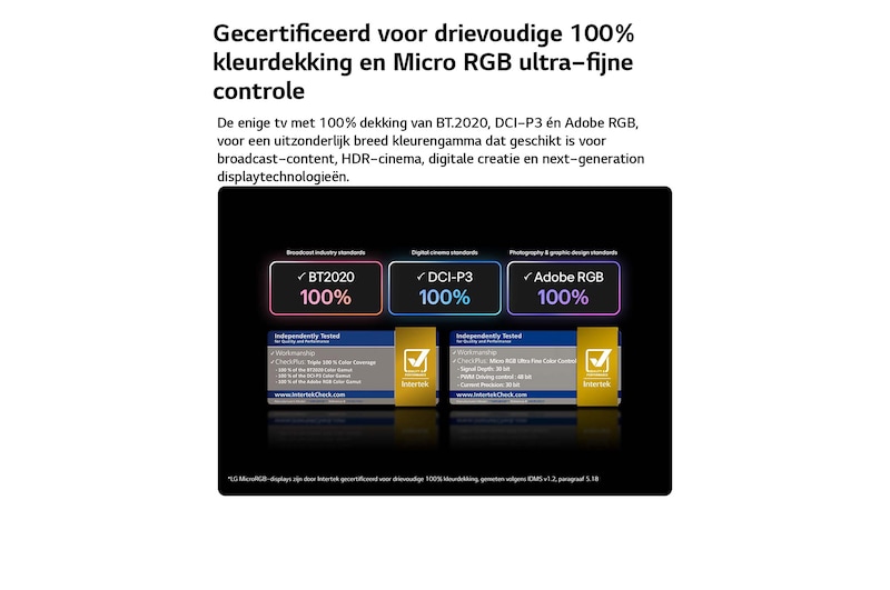 LG Micro RGB evo AI MRGB95, met Micro RGB ultra-fijne kleurregeling, levert 100% kleurdekking van BT2020, DCI-P3 en Adobe RGB, gecertificeerd door Intertek.